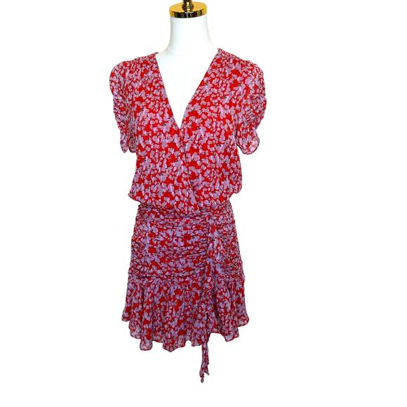 Tanya Taylor Red Floral Mini Wrap Dress Size 4 Silk Chiffon Ruched Designer $500 - Picture 9 of 13